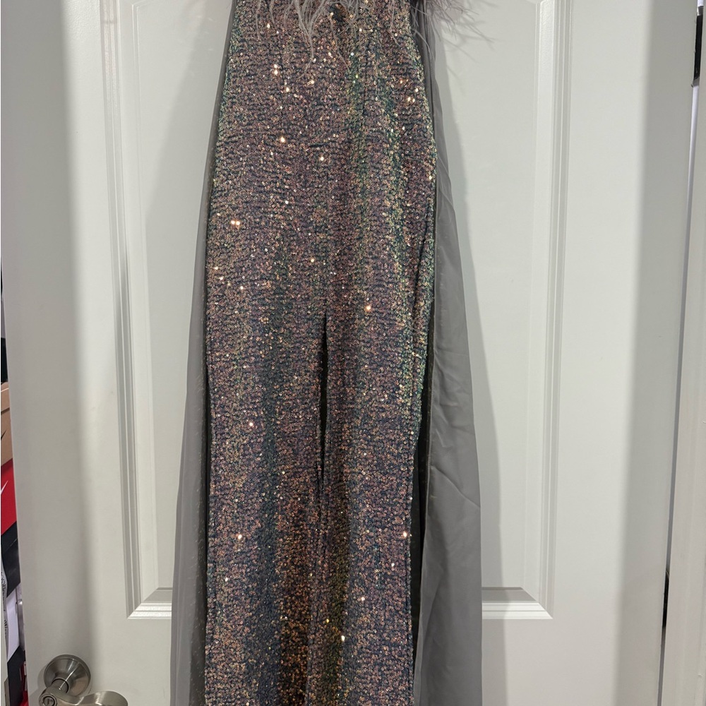 Kids Sparkling Multicolor Jumpsuit with Feather Detail and Train